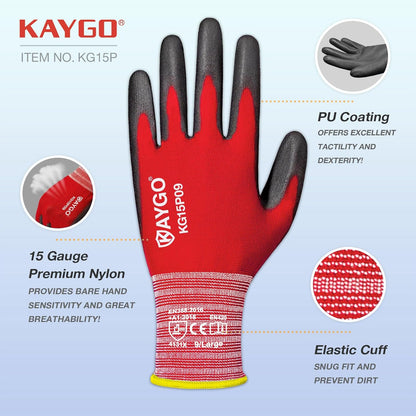 KAYGO Ultra Thin PU Coated Safety Work Gloves, 12 Pairs Nylon Knit, High Dexterity Anti-Slip Breathable Light Duty Gloves for Precision, Warehouse, DIY & Electronics (L,Gray)
