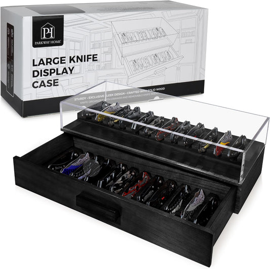 Pocket Knife Display Case for 16 Knives - Wooden Knife Collection Case Clear Cover - Two-Tier Knife Cases for Collections with a Removable Drawer Insert for Other EDC Items, EDC Case - Brown