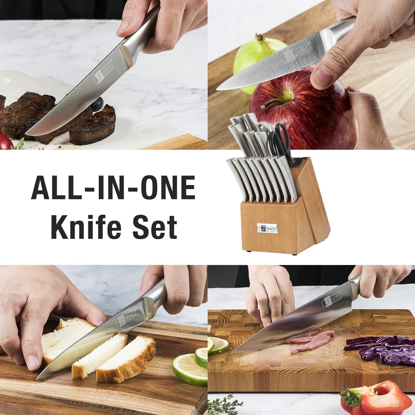 Knife Set, 17 Piece Dishwasher Safe Kitchen Knife Set with Block Super Sharp Stainless Steel Knife Sets for Kitchen with Block, Scissors & Built-in Sharpener