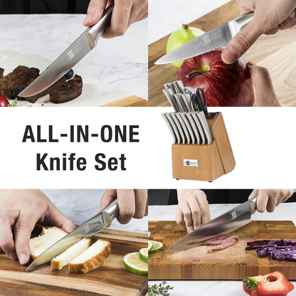 Knife Set, 17 Piece Dishwasher Safe Kitchen Knife Set with Block Super Sharp Stainless Steel Knife Sets for Kitchen with Block, Scissors & Built-in Sharpener
