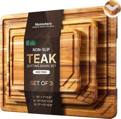 3 Pack Teak Wood Cutting Board Set for Kitchen Charcuterie Board Serving Heavy Duty Non Toxic Slip Hardwood Over Sink Solid Thick Haus Wooden Chopping Board Large Big Small Meat Best Essential Gift