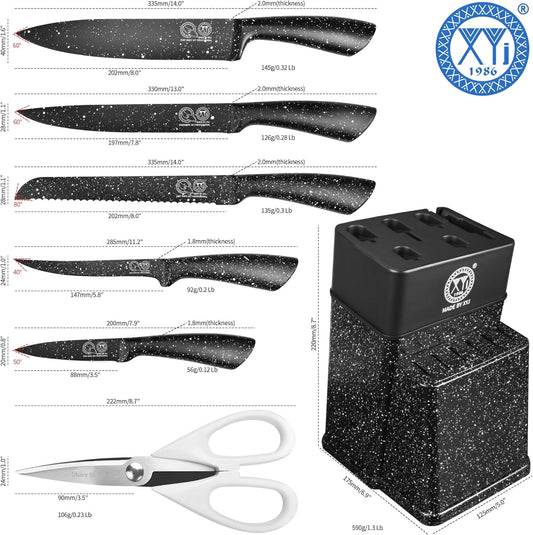 XYJ Authentic Since 1986, Professional Kitchen Knife Block Set, Stainless Steel Japanese Knives Set With Knife Block Holder, Scissors, Paring Boning Steak Slicing Bread Chef Knife for Home Kitchen