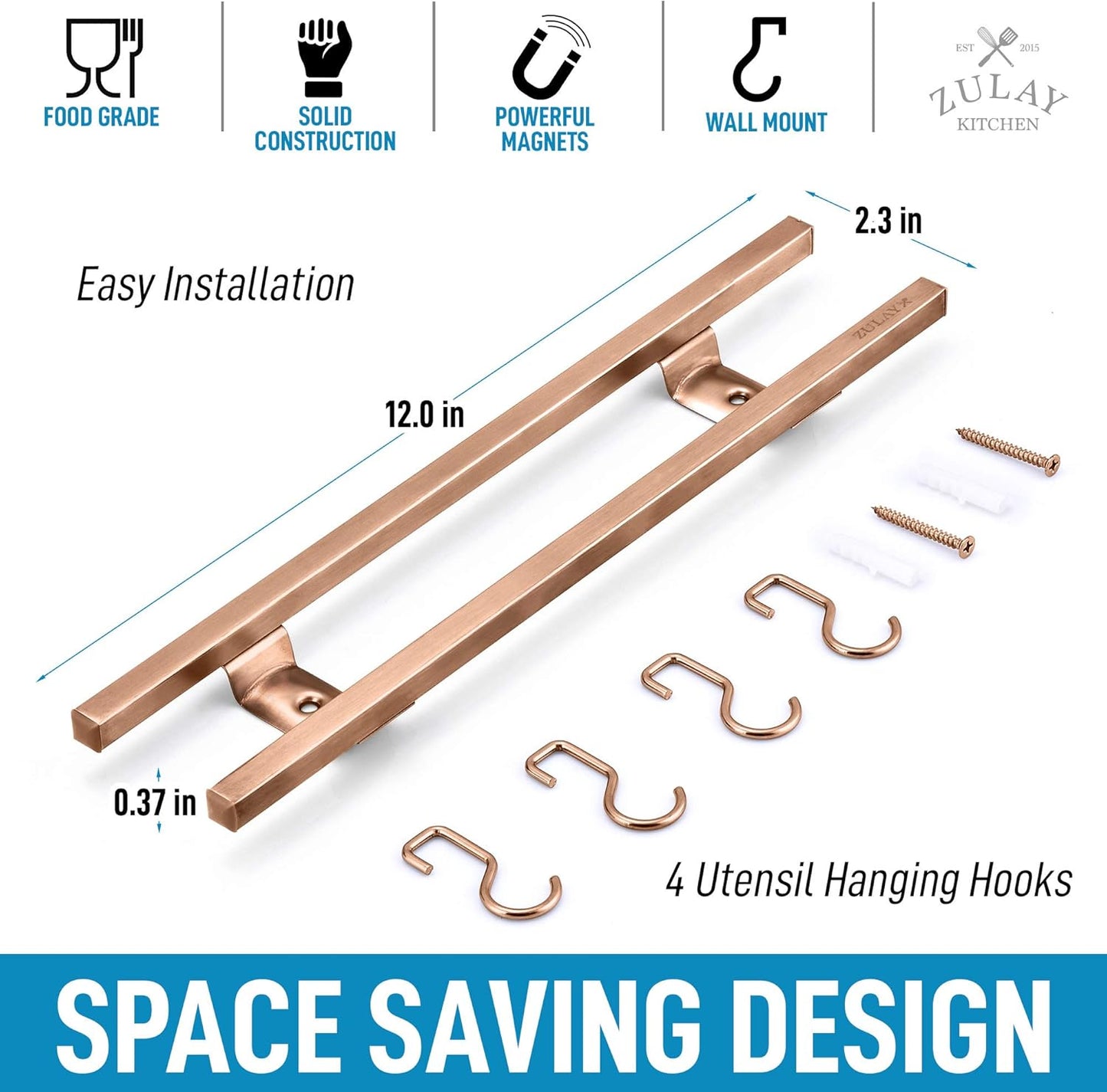 Zulay (12 Inch) Stainless Steel Magnetic Knife Holder For Wall - Powerful Knife Magnetic Strip With Extra Hanging Hooks - Wall Mount Magnetic Knife Strip & Organizer For Kitchen & Tools (Gold)