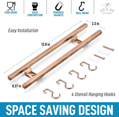 Zulay (12 Inch) Stainless Steel Magnetic Knife Holder For Wall - Powerful Knife Magnetic Strip With Extra Hanging Hooks - Wall Mount Magnetic Knife Strip & Organizer For Kitchen & Tools (Gold)