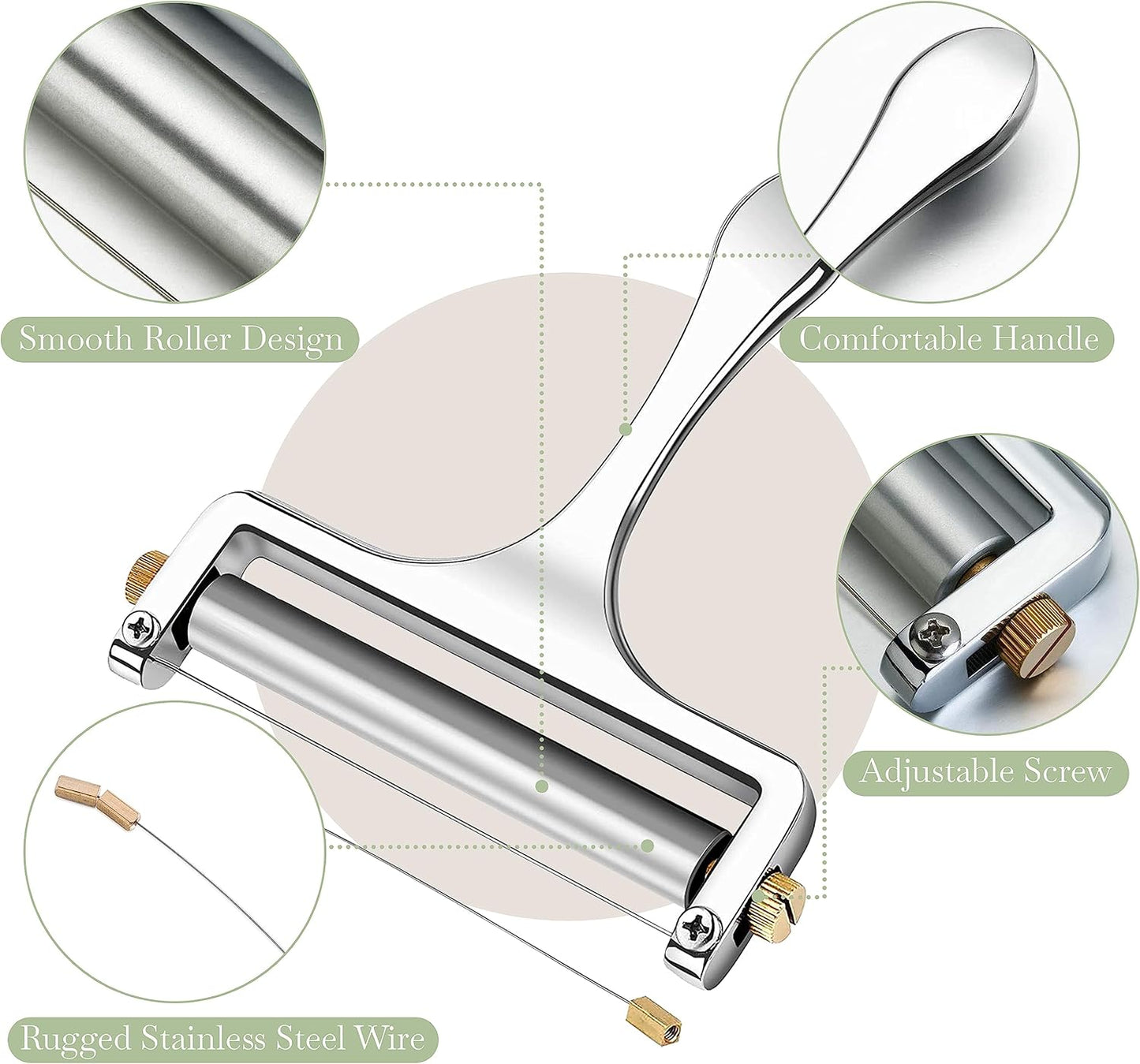 Bellemain Stainless Steel Wire Cheese Slicer with 2 Extra Wires – Handheld Cheese Cutter for Block Cheese, Adjustable Thick & Thin Slices for Cheddar, Gruyere, Raclette & Mozzarella (Silver)