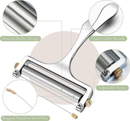 Bellemain Stainless Steel Wire Cheese Slicer with 2 Extra Wires – Handheld Cheese Cutter for Block Cheese, Adjustable Thick & Thin Slices for Cheddar, Gruyere, Raclette & Mozzarella (Silver)