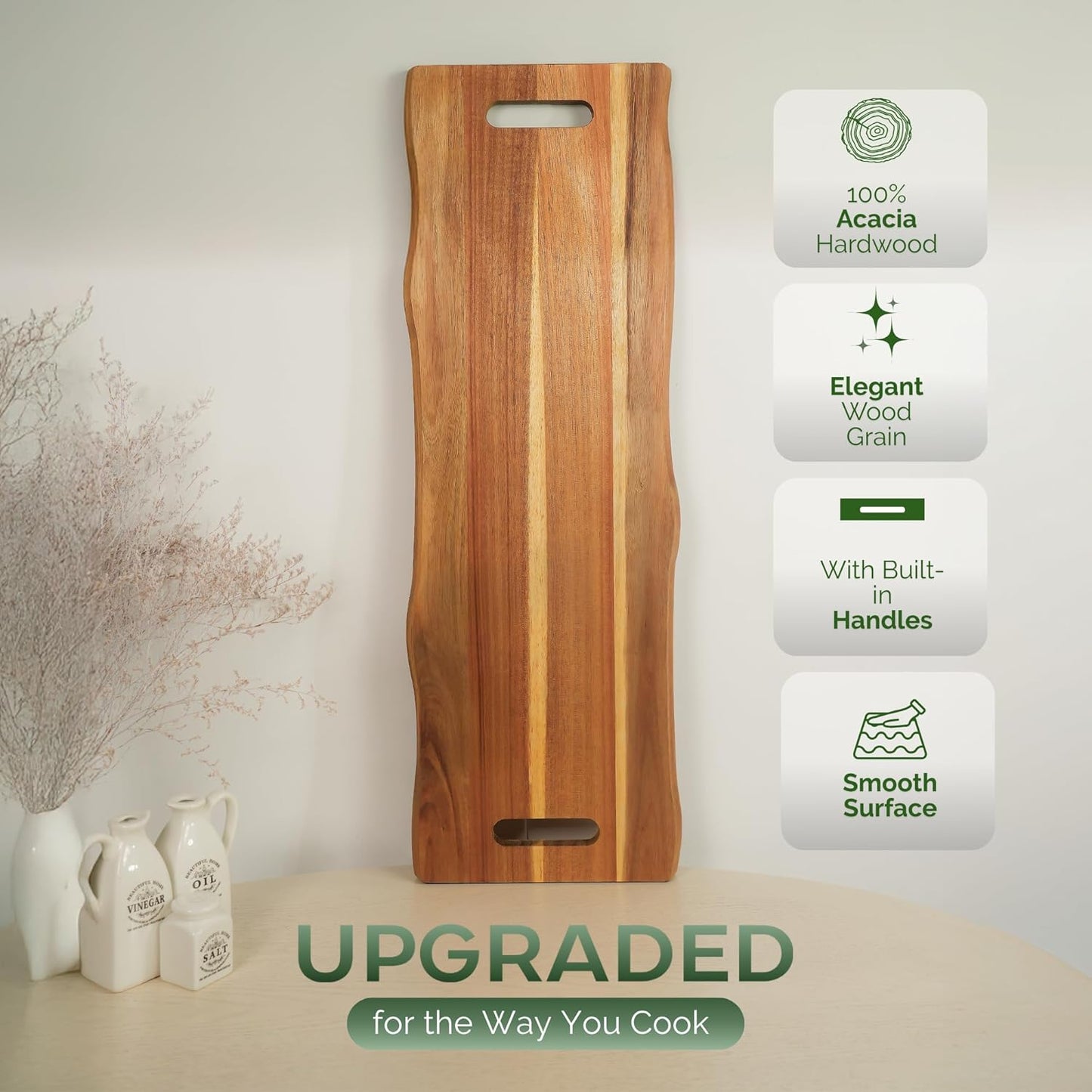 Howizz Acacia Wood Large Cutting Board, Thick End Grain Solid Wood Butcher Block For Kitchen, Non Toxic Pre-Oiled Carving Tray w/Juice Grooves and Easy Grip Handle, 20"x15"x1" (Gift-Ready Box)