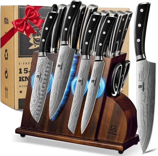 Piklohas Knife Sets for Kitchen with Block, 17 Pieces with Magnetic Knife Holder, German High Carbon Stainless Steel Damascus Pattern Chef Knife Set