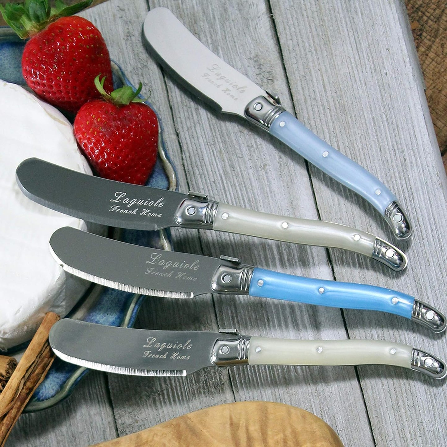 French Home Laguiole Spreader Set – 8 Piece Cheese & Butter Spreader Set with Blue and Cream Handles – Elegant & Practical Charcuterie Tools (6.25")