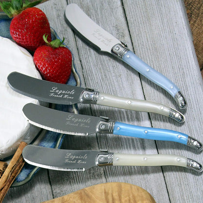 French Home Laguiole Spreader Set – 8 Piece Cheese & Butter Spreader Set with Blue and Cream Handles – Elegant & Practical Charcuterie Tools (6.25")