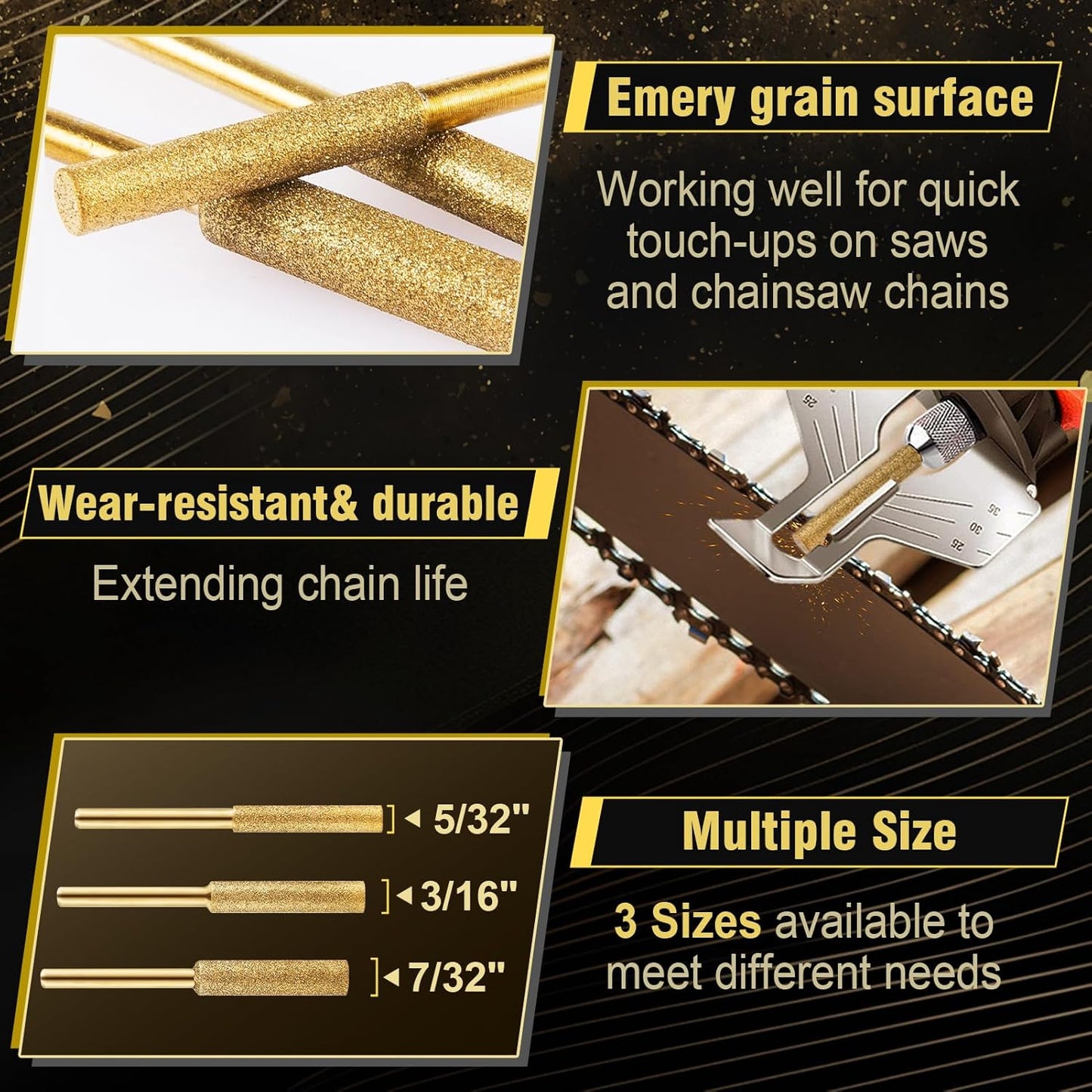 18pcs High Hardness Titanium Plated Chainsaw Sharpener Bits for Chain, Including 5/32''x 6, 3/16''x 6, 7/32''x 6pcs