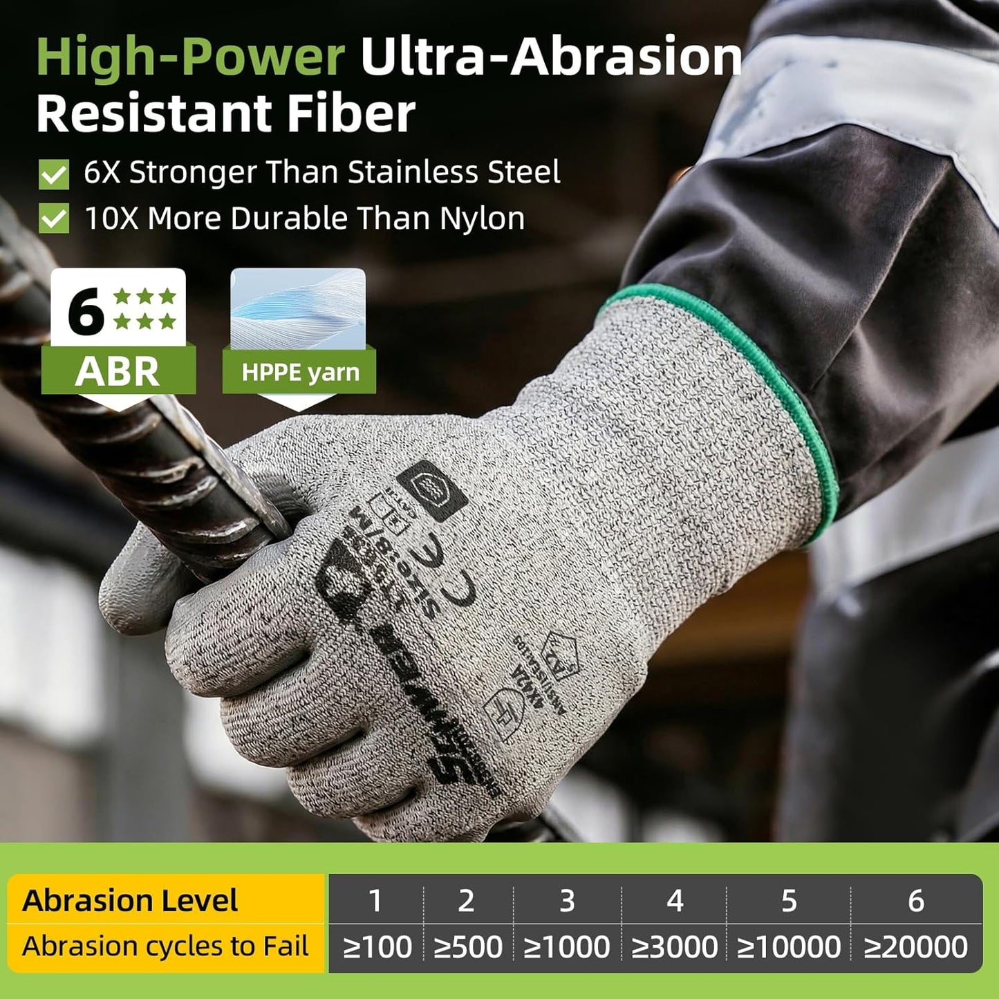 Schwer 6 Pairs ANSI A2 Cut Resistant Work Gloves with Certified Level 6 Ultra Abrasion Resistance, Safety Gloves with Grip for General Use, Construction, Gardening, Mechanic, 3D-Comfort, LT5636, L