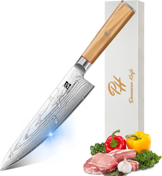9 Inch Damascus Carving Knife - Brisket Knife 67 Layer VG-10 Steel Core with Olive Wood Handle, 62 HRC Precision Sharp Professional Kitchen Knife for Meat Slicing and BBQ, Gift Box Included