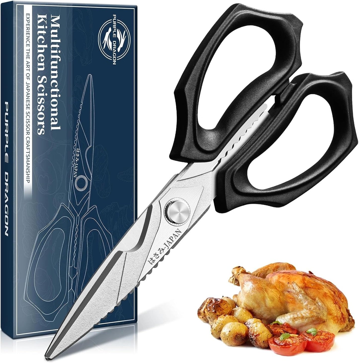 Purple Dragon Kitchen Scissors for Food - Stainless Steel Cooking Scissors All Purpose - Kitchen Shear Heavy Duty for Meat Cutting - Dishwasher Safe - Gifts for Men and Women - Black Sharp Blade