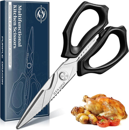 Purple Dragon Kitchen Scissors for Food - Stainless Steel Cooking Scissors All Purpose - Kitchen Shear Heavy Duty for Meat Cutting - Dishwasher Safe - Gifts for Men and Women - Black Sharp Blade