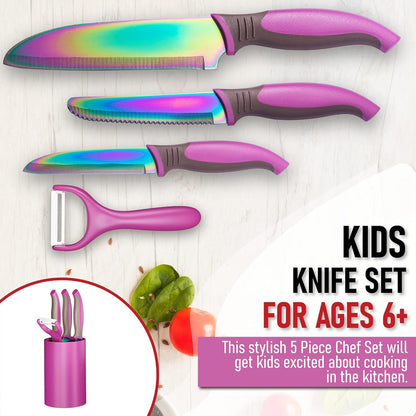 TruChef 5-Piece Kids Cooking Chef Knife Set | Real Stainless Steel Knives with Peeler, Serrated Knife & Holder | Kids Safe Rounded Tips, Easy-Grip Handles | Kitchen Knife Set (5 pcs, Aqua)