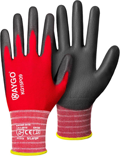 KAYGO Ultra Thin PU Coated Safety Work Gloves, 12 Pairs Nylon Knit, High Dexterity Anti-Slip Breathable Light Duty Gloves for Precision, Warehouse, DIY & Electronics (L,Gray)