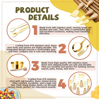 Charcuterie Boards Accessories Gold Charcuterie Utensils Cheese Butter Spreader Knife Set Small Serving Tongs Forks and Spoons Dipping Bowls Honey Dippers Toothpick Flags for Party Platter Making