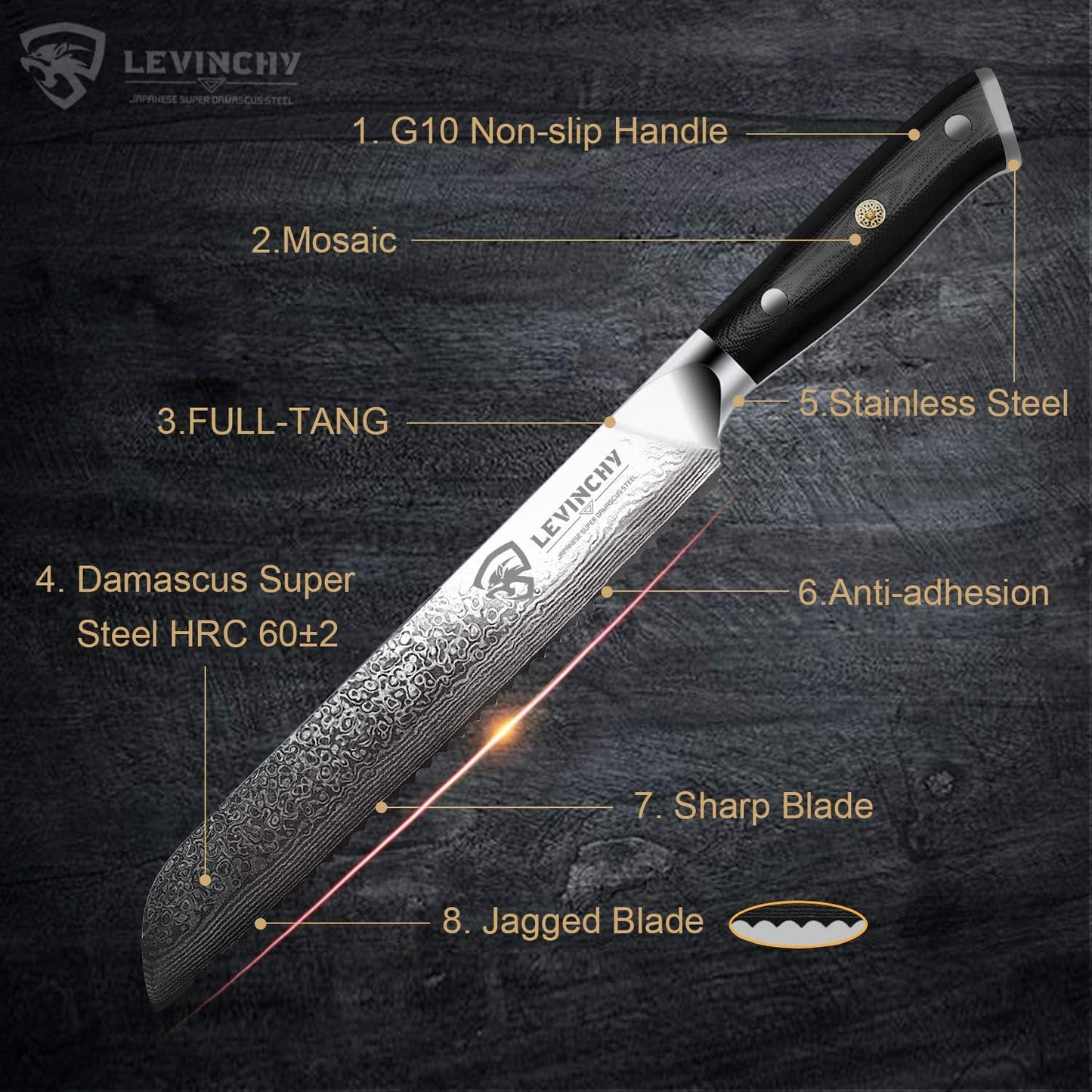 8 inch Japanese Gyuto Chef Knife, 440C Japanese Damascus Steel, Ultra-durable Steel with Superior Blade Retention, Professional Hand Forged Cooking Knife, Professional Chefs and Home Cooks