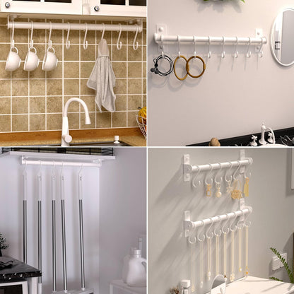 Dseap Kitchen Utensil Holder Hanger, Pot and Pan Rack Wall Mounted, Kitchen Rail with 8 Hooks for Hanging Cooking Utensils, Mugs, Spoons, Wall Mounted, Silver