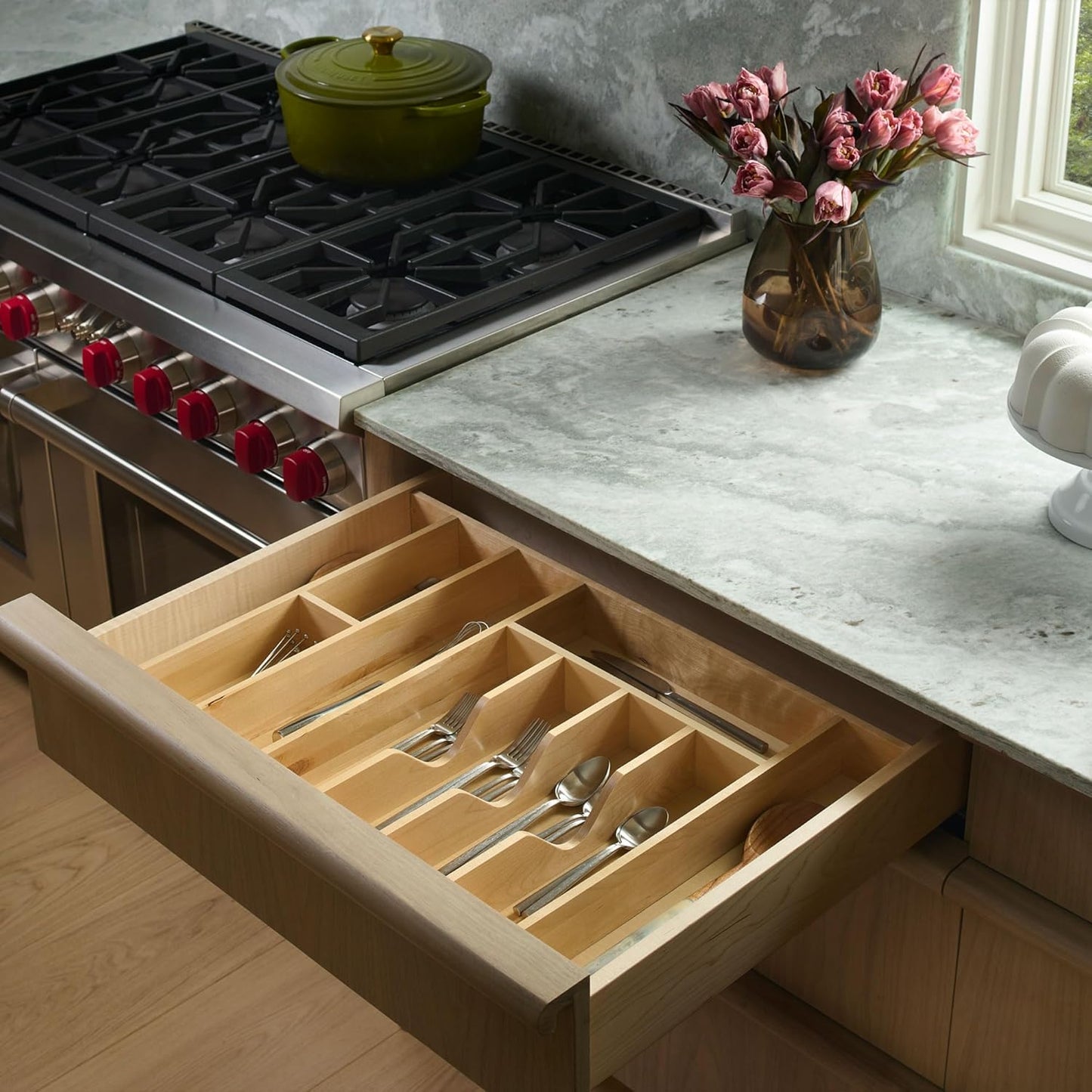 Rev-A-Shelf Trim-to-Custom-Fit Silverware Drawer Organizer For Kitchen Utensils, Cutlery Cabinet Storage Divider Insert, 33.11" x 21.97", Maple Wood, 4WUTCT-36SH-1