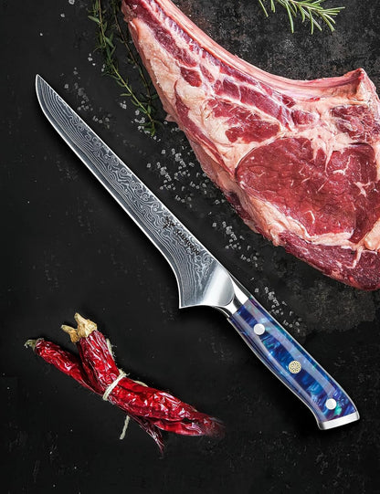 7 inch Fillet Knife, VG10 Damascus Steel Fish Boning Knife with Resin Handle - Xuan Series (Sunset Red)
