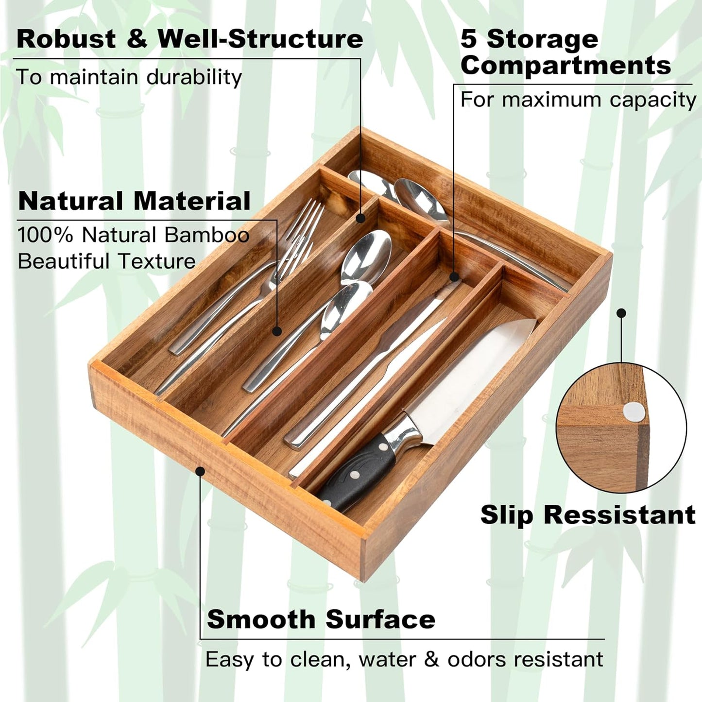 Silverware Organizer Bamboo Kitchen Drawer Organizer Utensil Organizer Silverware Holder Cutlery Organizer in drawer Flatware Organizer Tray (Black 5 Slots)