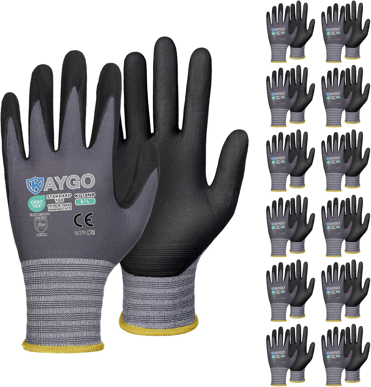 KAYGO Safety Work Gloves MicroFoam Nitrile Coated, 3 Pairs KG18NB,Seamless Knit Nylon Glove for Men and Women, Ideal for Automotive,Warehouse,Construction (Small,Gray)