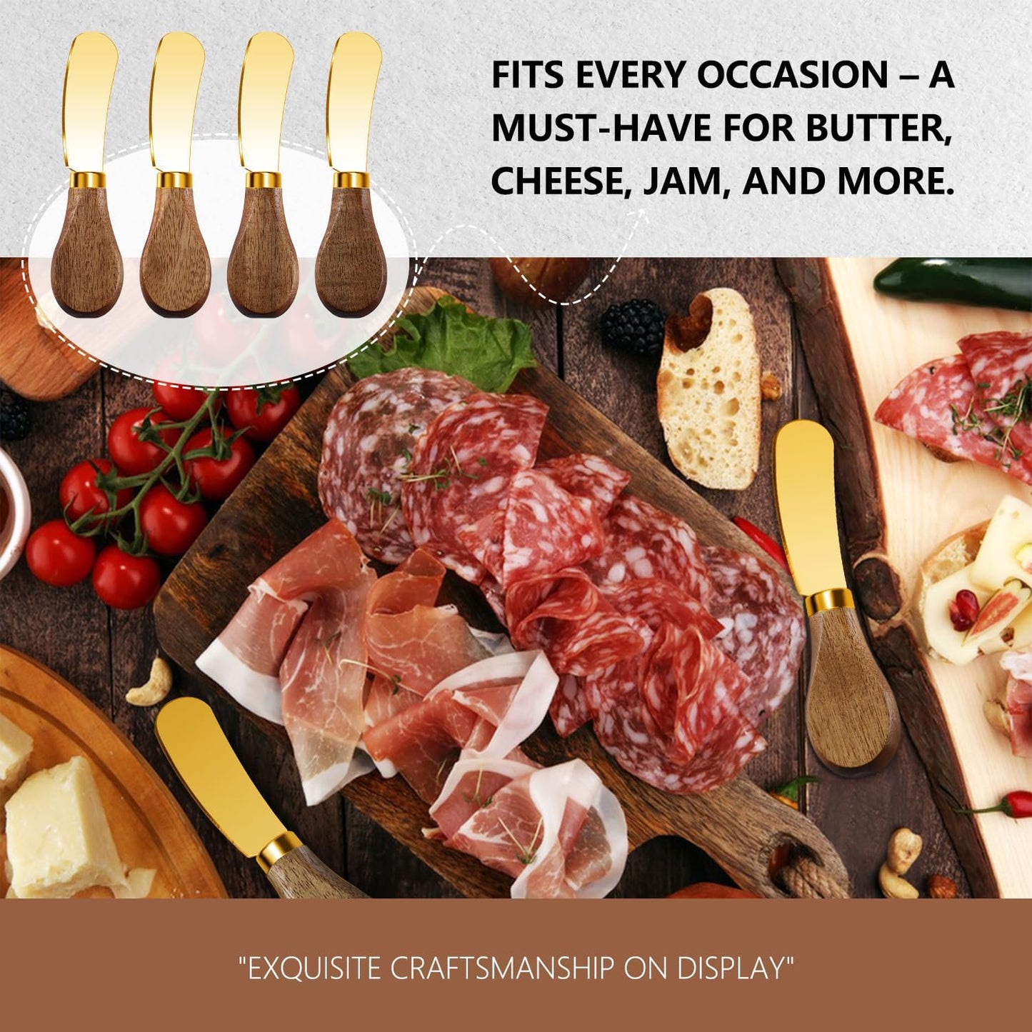 Butter Knife Spreader, Cheese Spreader Knives Set of 4, Stainless Steel Butter Knives with Acacia Wood Handle, Small Cheese Knives for Cold Butter, Soft Cheese Spreader, Jam, Charcuterie, Pastry