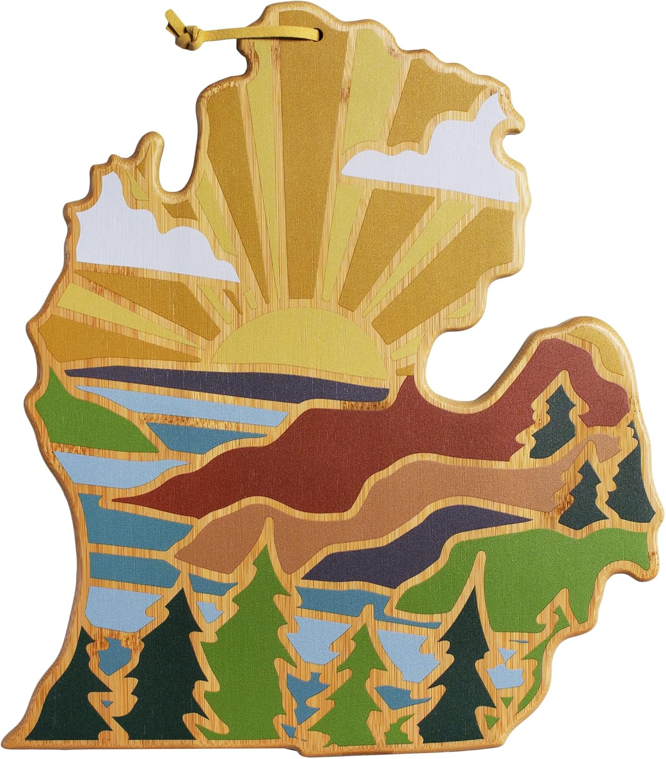 Totally Bamboo North Carolina State Shaped Cutting Board and Charcuterie Serving Platter with Artwork by Summer Stokes, Includes Hang Tie for Wall Display 18" x 8" x 5/8" - Colors B