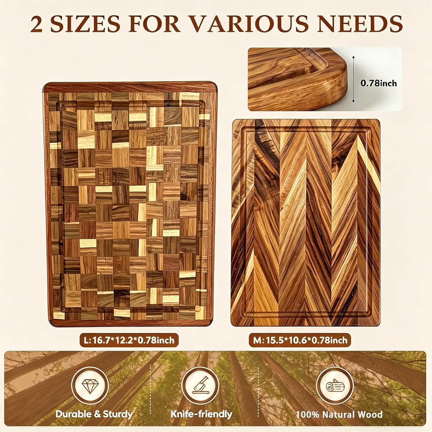 Acacia Wood Cutting Board Set for Kitchen, Large End Grain & Edge Grain Butcher Block with Juice Groove, Heavy Duty Wooden Chopping Board for Meat, Vegetables, Bread & Charcuterie