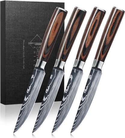 SENKEN Non-Serrated Steak Knife Set with Damascus Pattern - Razor Sharp Straight Edge Blade, Stainless Steel & Wood Handle (Steak Knives Set of 6)