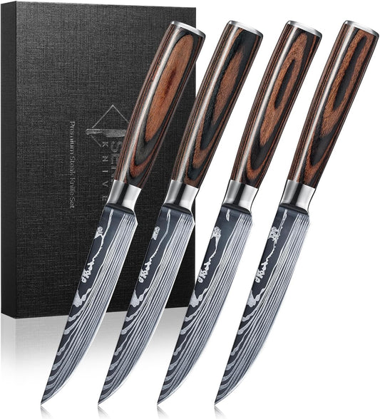 SENKEN Non-Serrated Steak Knife Set with Damascus Pattern - Razor Sharp Straight Edge Blade, Stainless Steel & Wood Handle (Steak Knives Set of 6)