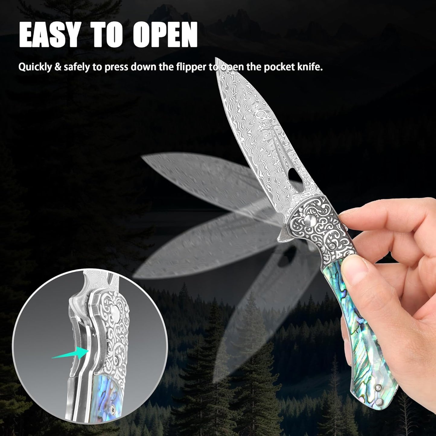 Damascus Pocket Knife with Sheath,3.54" Sharp Damascus Steel Blade Abalone Seashells Handle EDC Pocket Knives & Folding Knives for Outdoor Camping, Ideal Gifts for Men Women