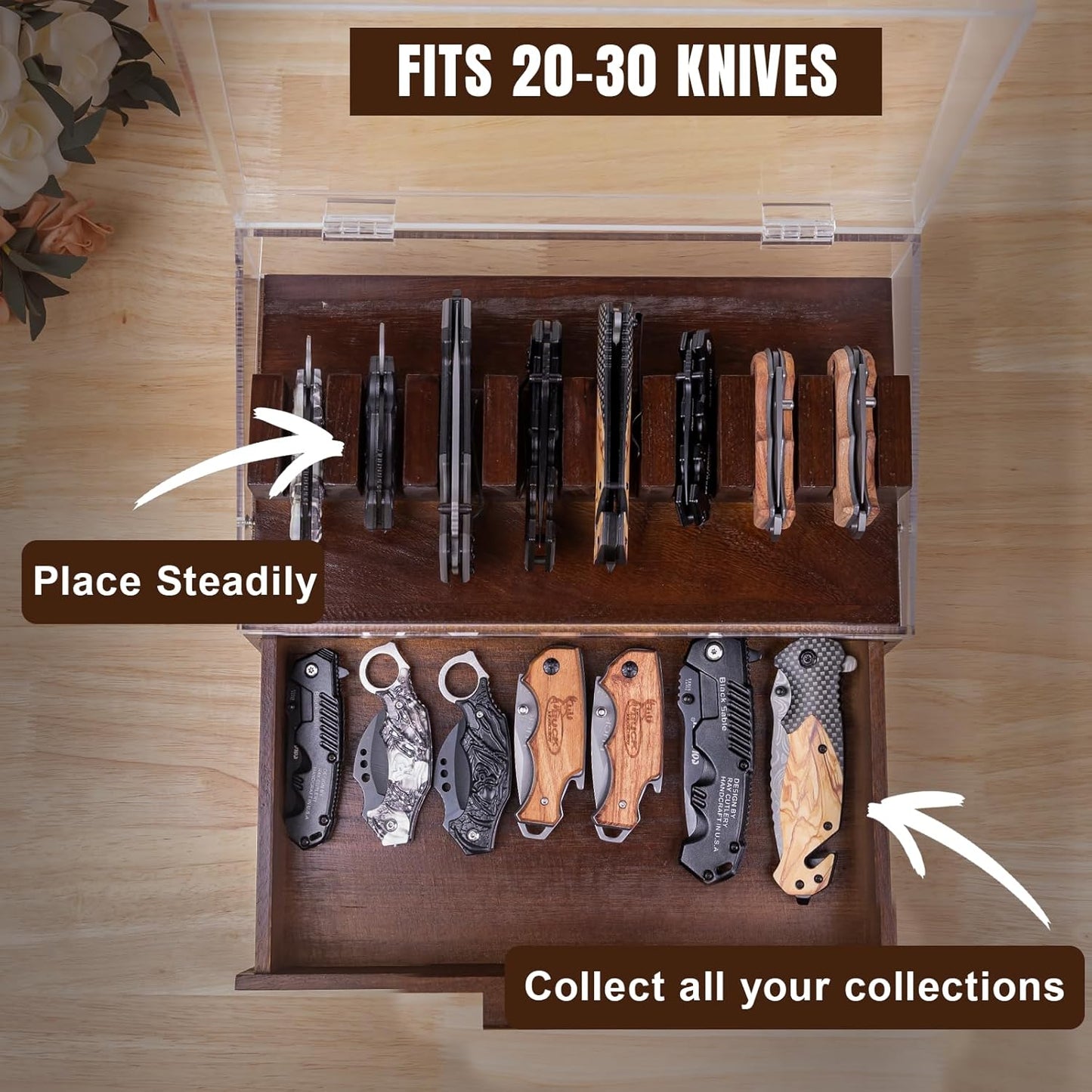 Knife Display Case,Pocket Knife Collection Display Holder,Premium 2-Layer Wooden Case with Acrylic Window Top & Drawer,Handcrafted Storage Box Perfect for Collection