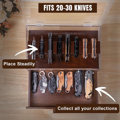 Knife Display Case,Pocket Knife Collection Display Holder,Premium 2-Layer Wooden Case with Acrylic Window Top & Drawer,Handcrafted Storage Box Perfect for Collection