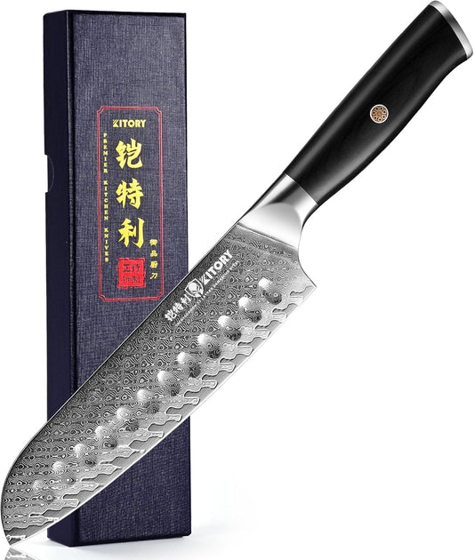73 Layers Damascus Santoku Knife 7",10Cr15CoMoV HC Cutting Core, Japanese Style Premier Kitchen Chefs Gadget w/t Gift Box
