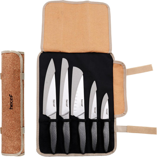 hecef Vintage Style Kitchen Knife Sets,Scratch Resistant Camping Matte Knives with 5 Slots Recycled Oxford Cloth Knife Roll Bag & Covers,Stonewashed High Carbon Stainless Steel Blades & Hollow Handle