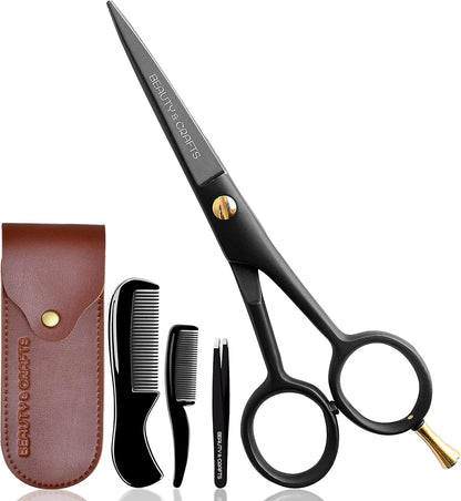Beauty & Crafts 5” Professional Beard & Mustache Scissors for Men | German Stainless Steel Beard Trimming Shears with 2 Mustache Combs & Premium Pouch for All Facial Hair (Black)