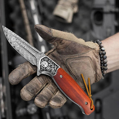 KOMWERO Damascus Pocket Knife for Men, VG10 Core Damascus Steel Folding Knife with Wood Handle, Ball Bearing, Thumb Hole, Liner Lock, Sheath for EDC Outdoor Survival Hunting