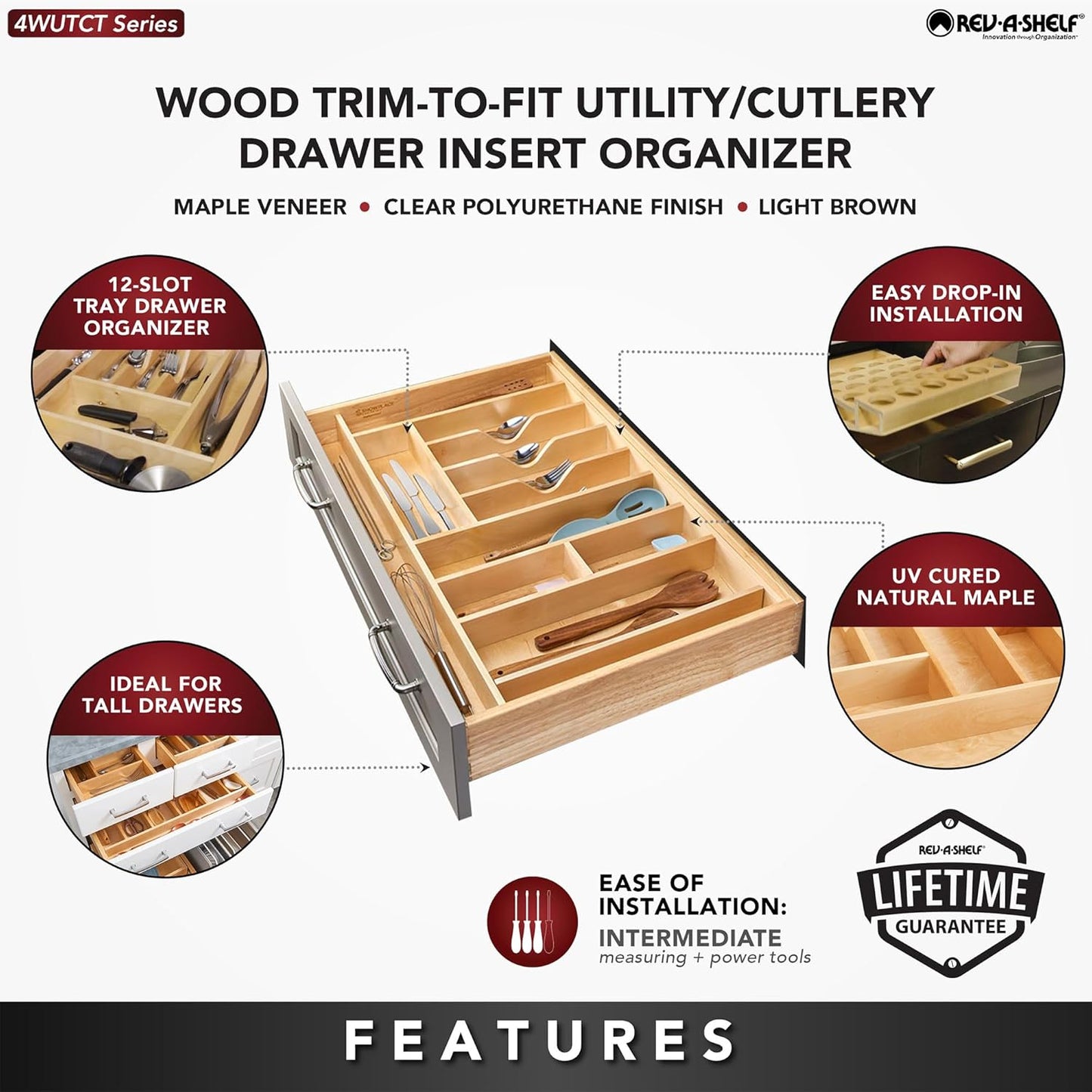 Rev-A-Shelf Trim-to-Custom-Fit Silverware Drawer Organizer For Kitchen Utensils, Cutlery Cabinet Storage Divider Insert, 33.11" x 21.97", Maple Wood, 4WUTCT-36SH-1