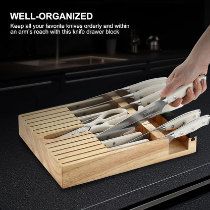 N NOBLE FAMILY In-drawer Knife Block Set, 16PCS Kitchen Knife Set with Wooden Block, Chopping Knives Set, Stainless Steel Knife Block Set, Sharp Cooking Knife Set with Cutting Board, Rust Proof, White