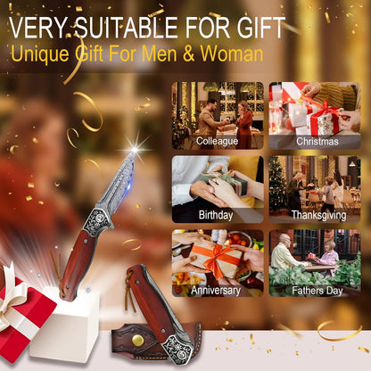 KOMWERO Damascus Pocket Knife for Men, VG10 Core Damascus Steel Folding Knife with Wood Handle, Ball Bearing, Thumb Hole, Liner Lock, Sheath for EDC Outdoor Survival Hunting