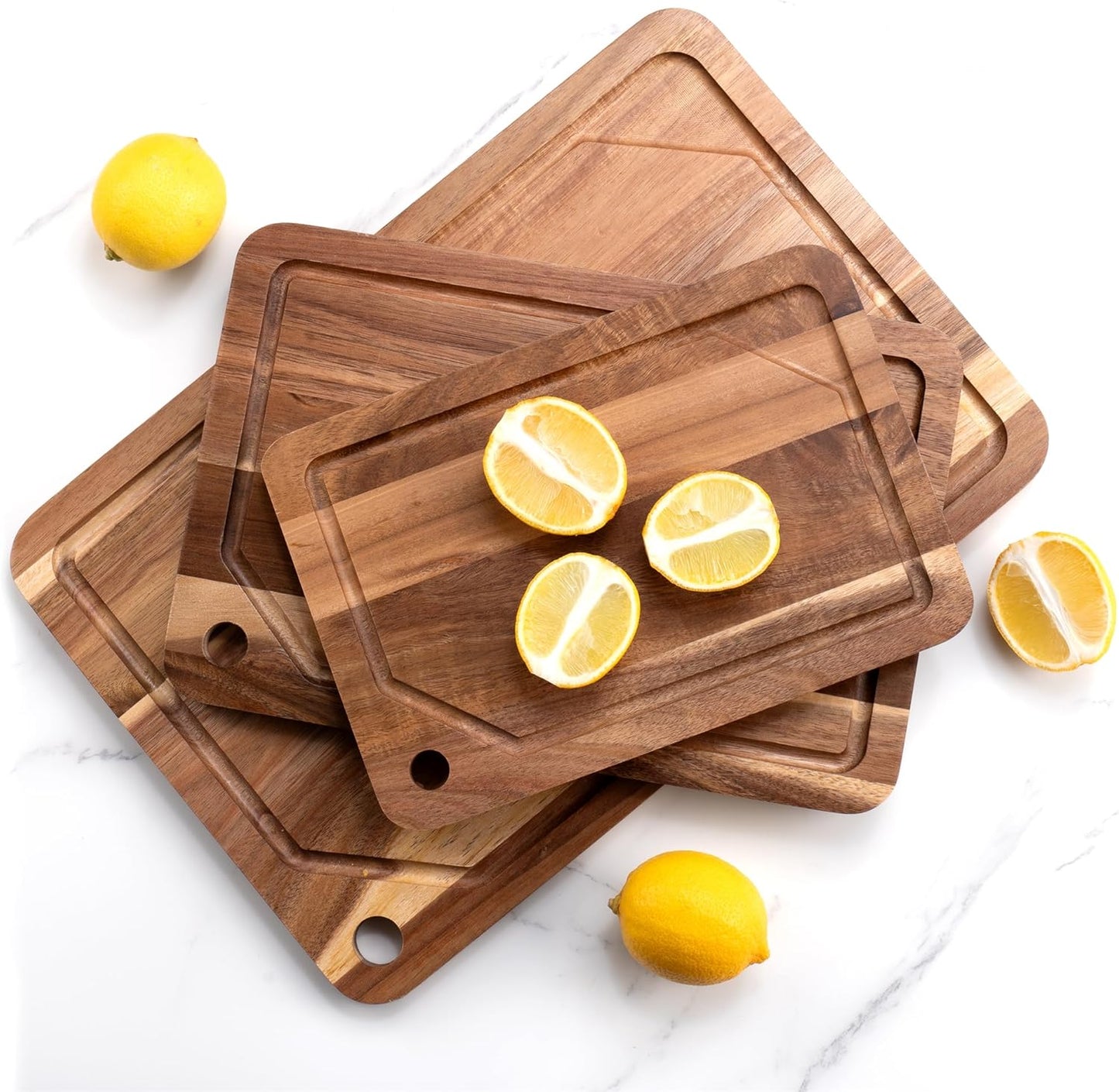 WILLKOMMEN 4-Piece Bamboo Cutting Boards for Kitchen, Chopping Board Set with Food Icon (Meat, Fish, Vegetables, Fruits) Butcher Block with Stands, Handles & Juice Grooves (Small, Medium, Large, XL)