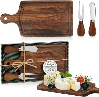1 Set Bridal Baby Shower Cheese Prizes Wooden Square Board Gift Set Knives Forks Thank You Tags with Box for Guests for Valentines Bridal Baby Shower Housewarming Gifts (Bamboo Color)