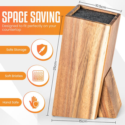 Acacia Wood Angled Knife Block with Multi-Purpose Holder – Universal Kitchen Knife Storage with Removable Bristle Insert (Honey brown, regular medium)