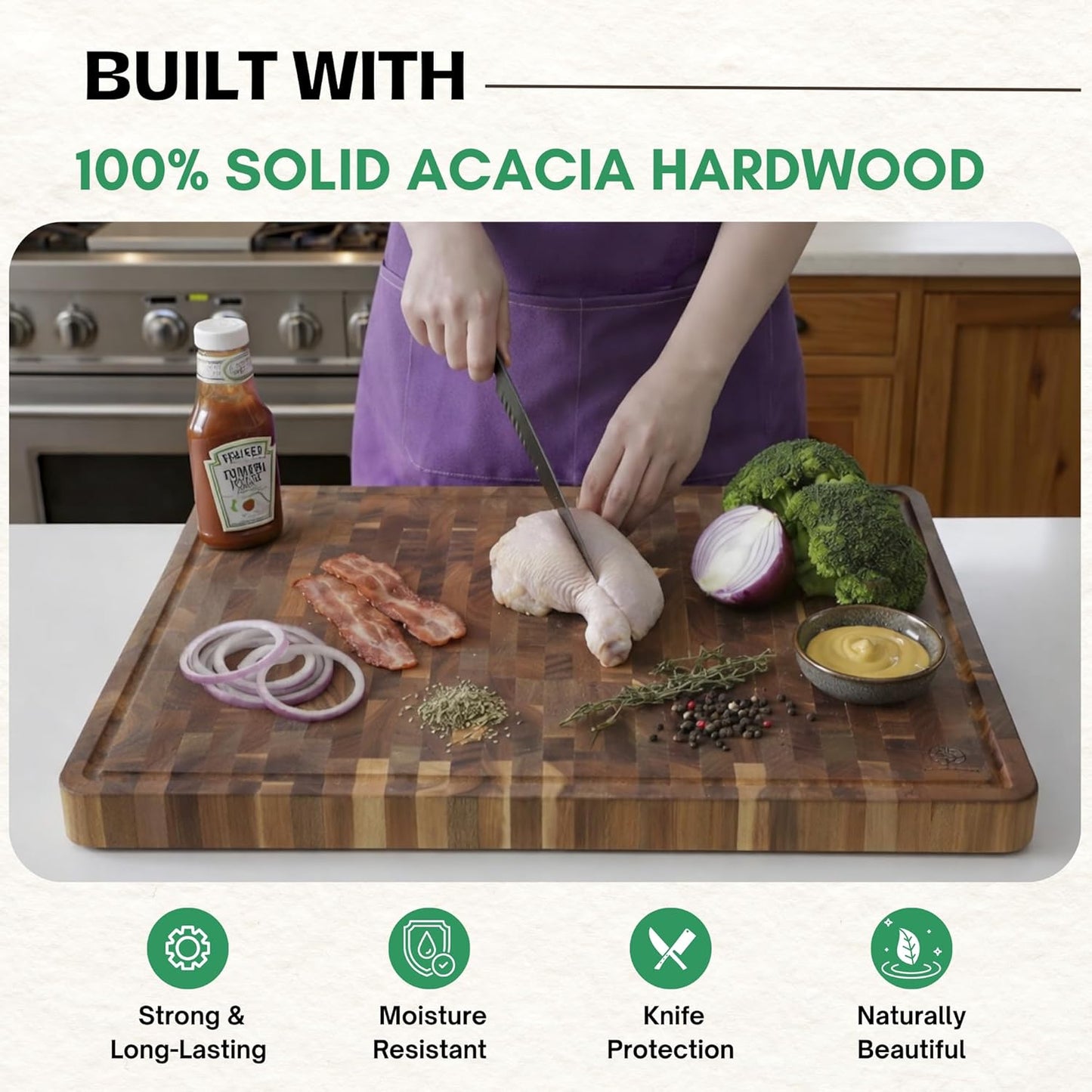 End Grain Acacia Wood Cutting Boards for Kitchen, 1.5 in Thick Butcher Block Construction for Stability, 15 x 10 in Medium Cutting Boards with Gift Box, Juice Groove and Handle
