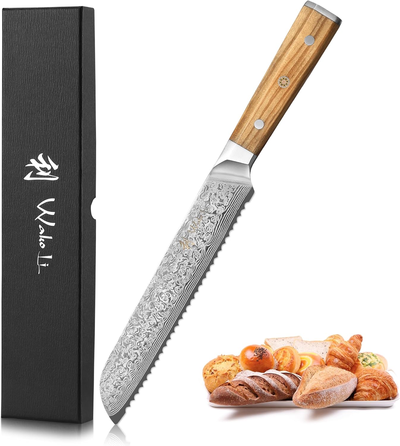 Wakoli Oribu Damascus Kiritsuke Chef’s Knife – Full Tang Kitchen Knife with 8-Inch Blade made of 67-Layer Genuine Damascus Steel and VG10 Core – Ergonomic Olive Wood Handle in Elegant Gift Box