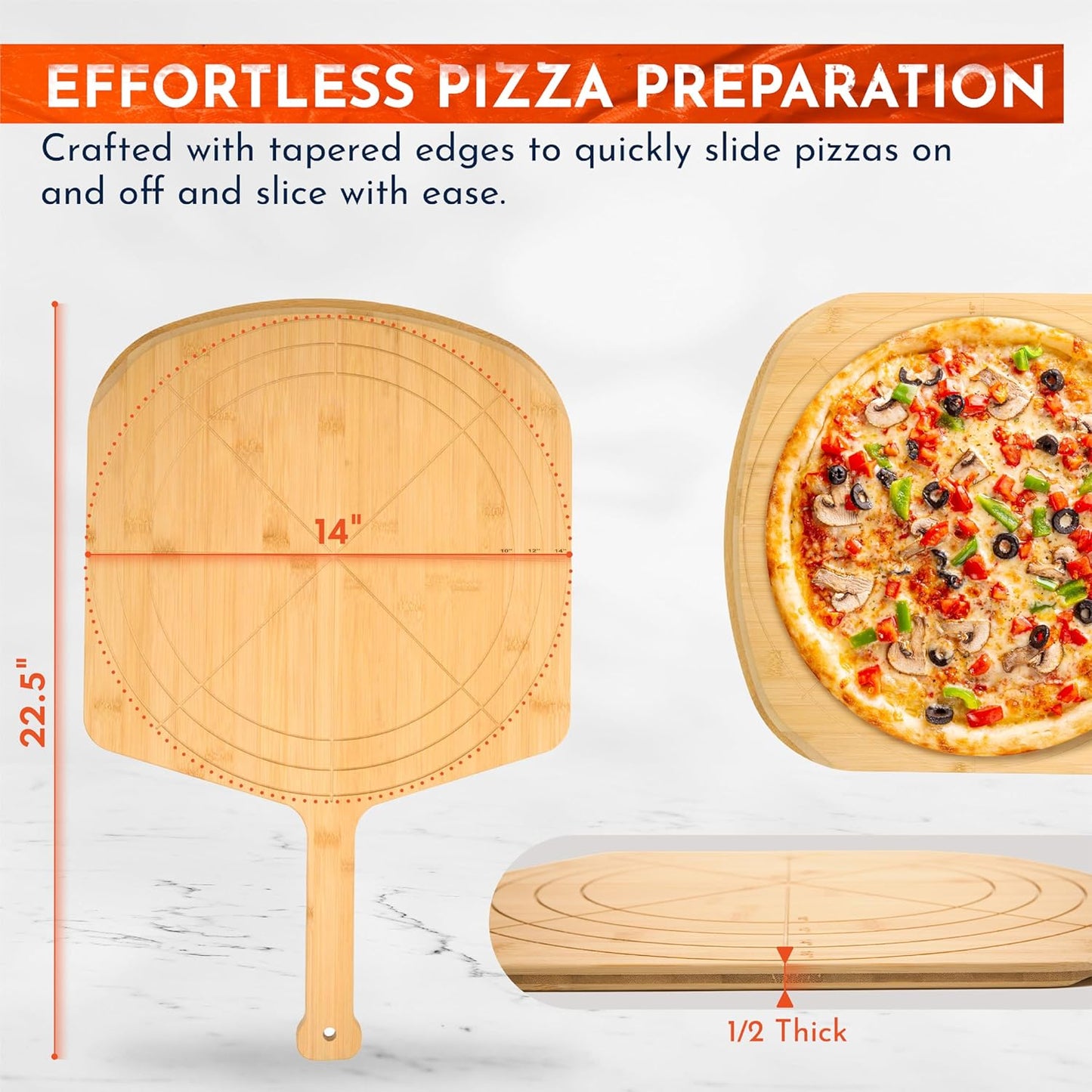 Wooden Pizza Peel 16 Inch Board with Engraved Sizes - Multi-Purpose Bamboo Pizza Cutting Board, Wood Pizza Peel, Pizza Spatula Paddle, and Serving Board with Size and Cutting Guide