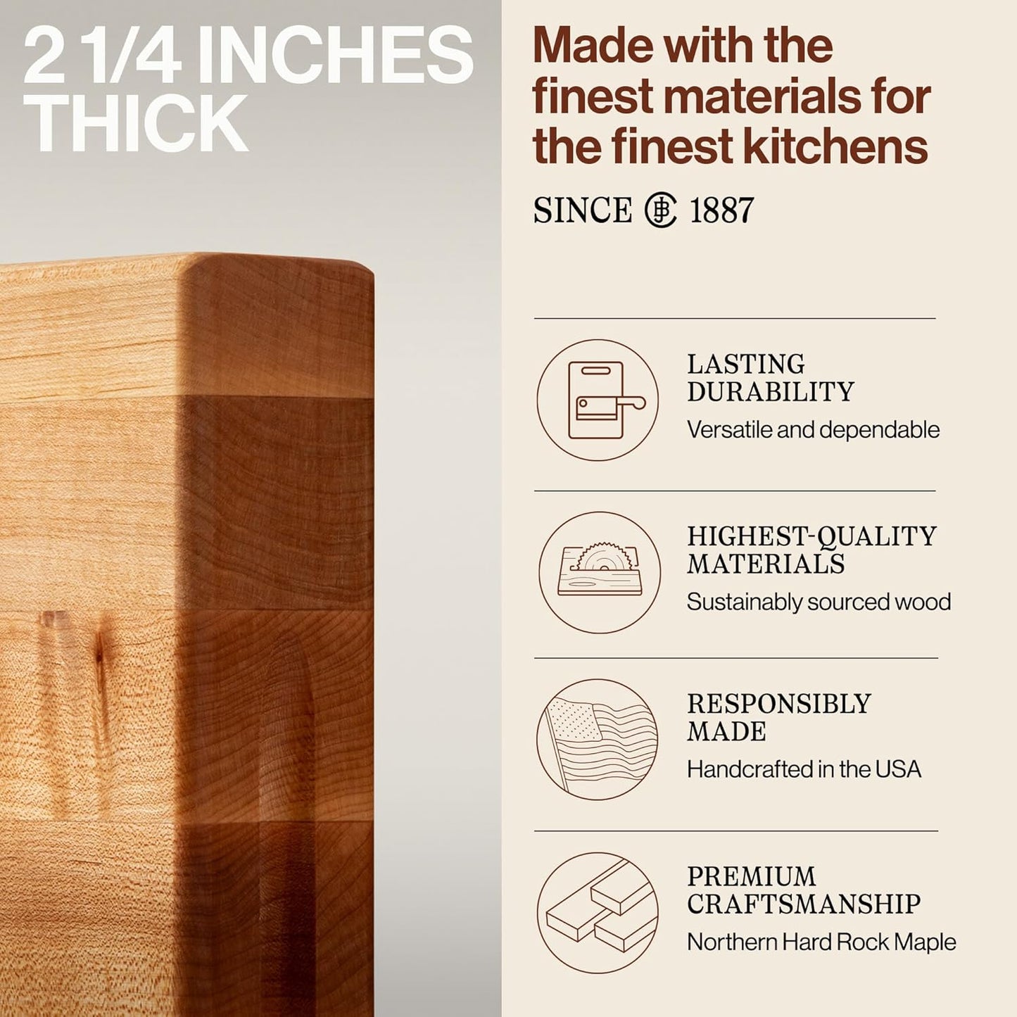 John Boos Handle Boards Series Rectangular Wooden Maple Cutting Board 24”x18” – 2.25” Thick, 30-lb Reversible Butcher Block with Juice Groove, Edge-Grain & Metal Handles